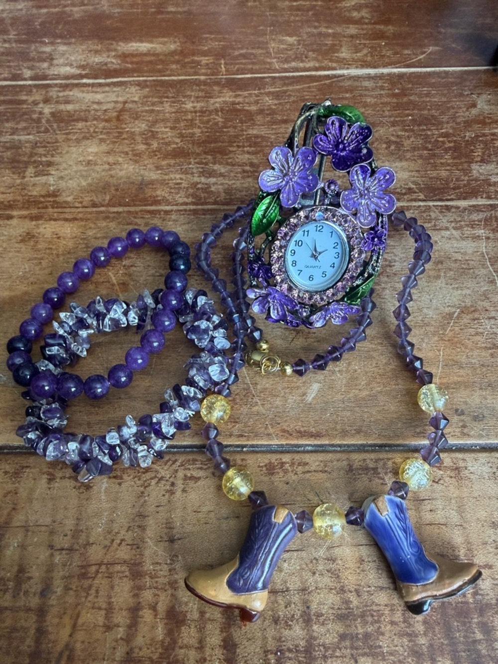 Purple Set of 2 Amethyst Stretch Bracelets, Clamper Watch, and Necklace